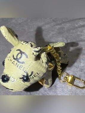 CHANEL Gold Logo Dog Puppy Keychain Bag Charm